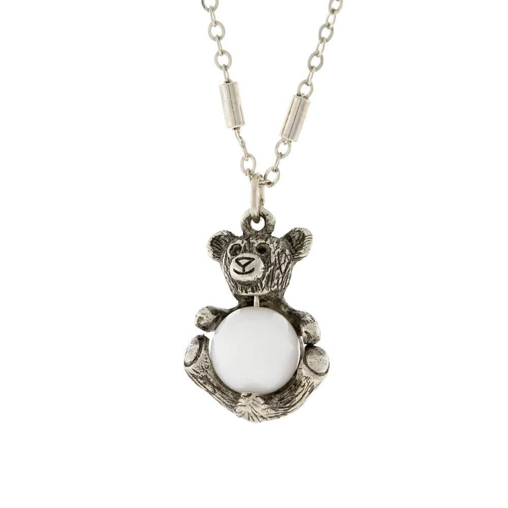1928 Jewelry Womens Round White Quartz Gemstone Teddy Bear Pendant Necklace 16" + 3" Extension Chain