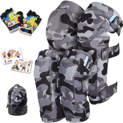 Soft-Style Kids Knee and Elbow Pads with Bike Gloves, Flexible Impact-Resistant Gear for Ages 2-11, Designed for Balance Bikes, Roller-Skating, and Skateboarding ((2nd Gen) Snow Camo, Small)