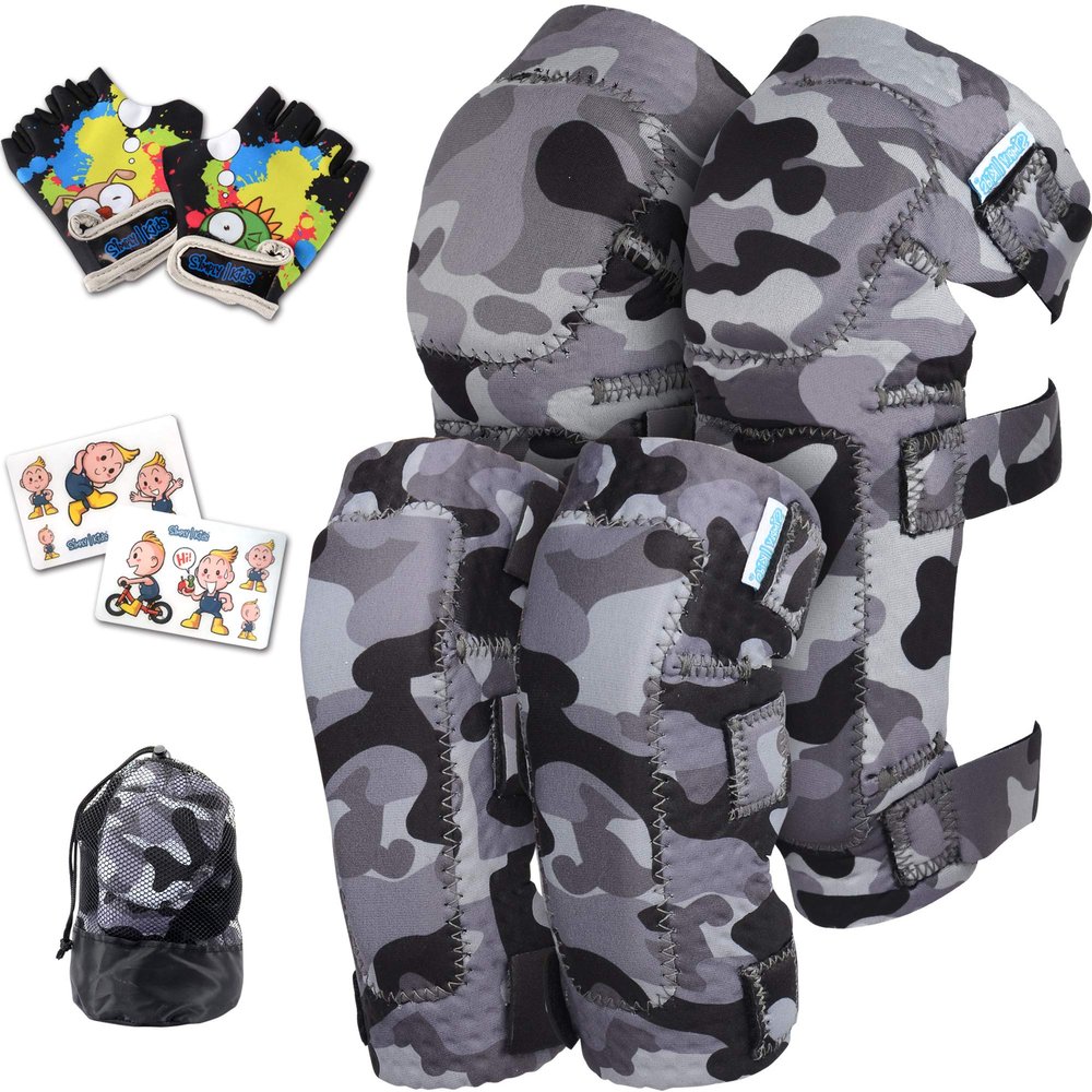 Soft-Style Kids Knee and Elbow Pads with Bike Gloves, Flexible Impact-Resistant Gear for Ages 2-11, Designed for Balance Bikes, Roller-Skating, and Skateboarding ((2nd Gen) Snow Camo, Small)