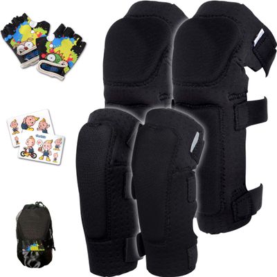 Soft-Style Kids Knee and Elbow Pads with Bike Gloves, Flexible Impact-Resistant Gear for Ages 2-11, Designed for Balance Bikes, Roller-Skating, and Skateboarding ((2nd Gen) Black, Small)