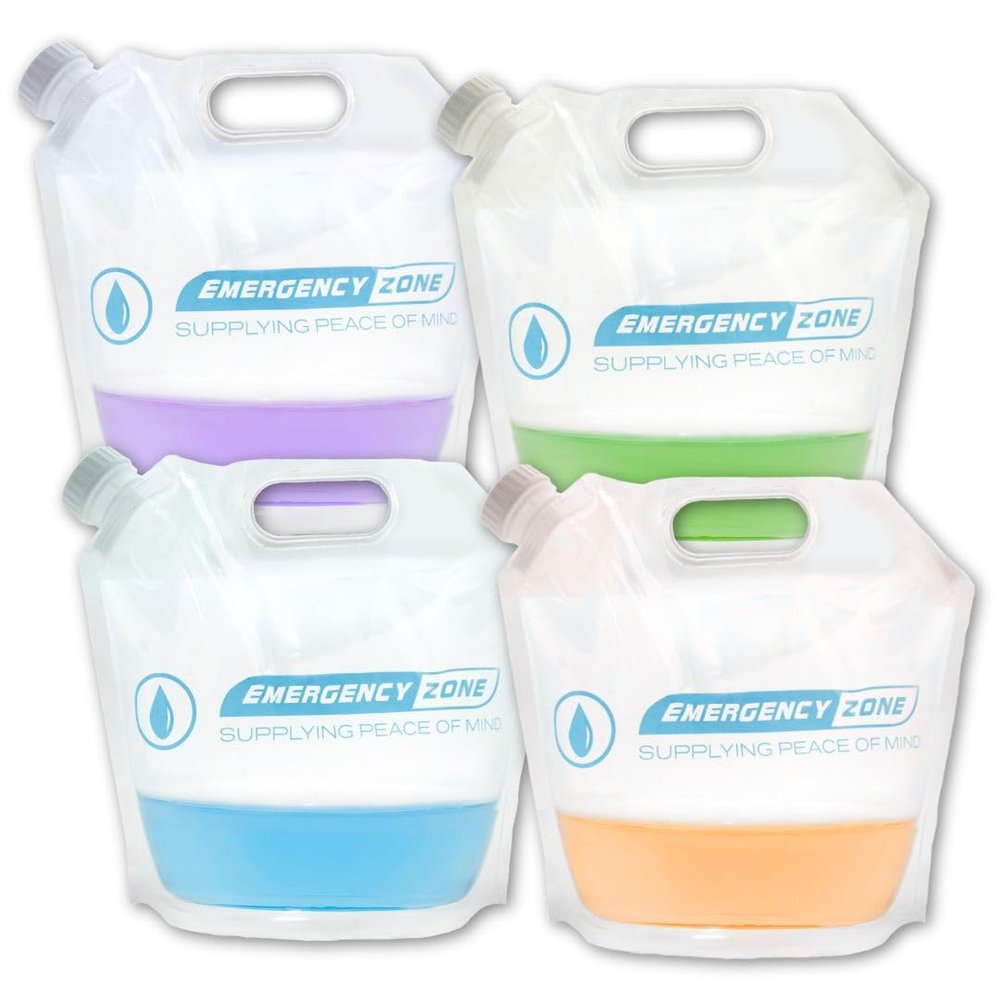 [4 Pack] 4 Liter/1-Gal Water Pouch for Emergency Water/Food Storage, Camping, and Hurricane Supplies for Home | Compact Collapsible Water Container