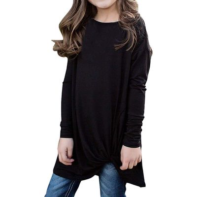 Girls Kids Long Sleeve Solid T-Shirt Blouse Tops Spring Clothes 6-14 Years Old Children Knot Front Shirt (6-7 Years Old, Black)