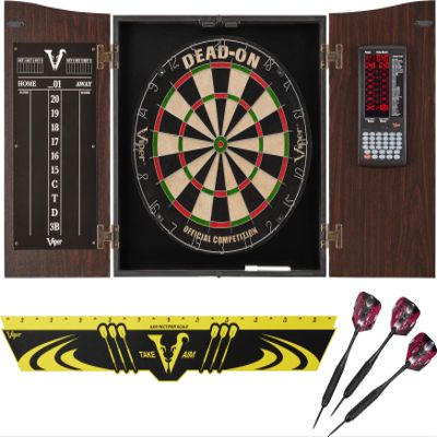 Viper by GLD Products Vault Deluxe Dartboard Cabinet with Integrated Pro Score, Dead On Dartboard, Toe Throw Line, and Black Mariah Steel Tip Darts,Mahogony Finish, One Size, Multicolor