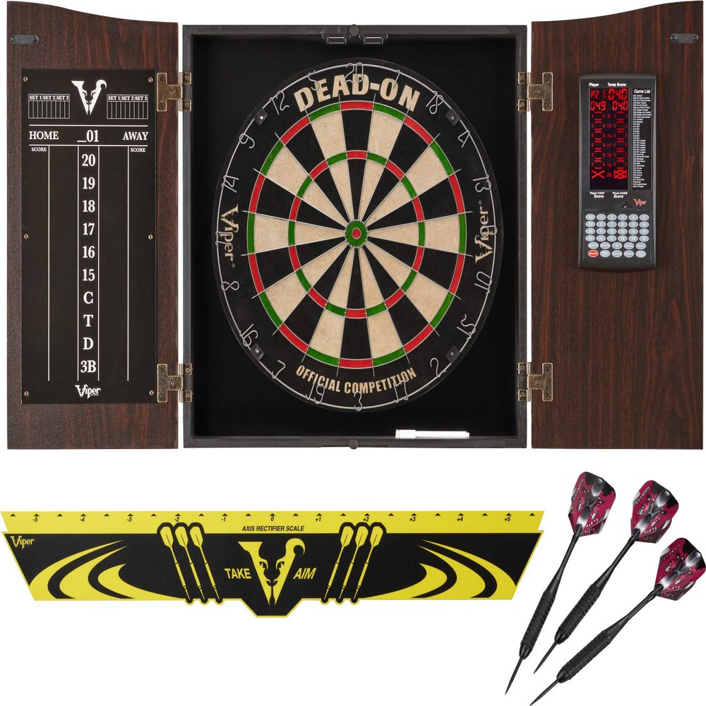 Viper by GLD Products Vault Deluxe Dartboard Cabinet with Integrated Pro Score, Dead On Dartboard, Toe Throw Line, and Black Mariah Steel Tip Darts,Mahogony Finish, One Size, Multicolor