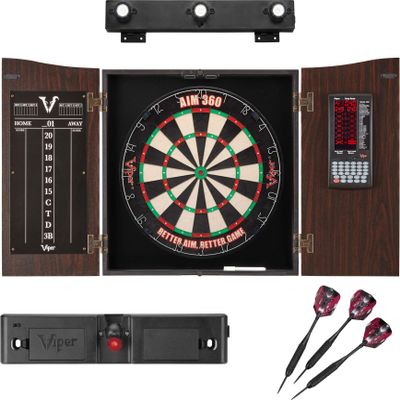 Deluxe Viper Dartboard Bundle with Cabinet, Integrated Pro Score, AIM 360 Sisal Dartboard, Dart Laser Line, Black Mariah Steel Tip Darts