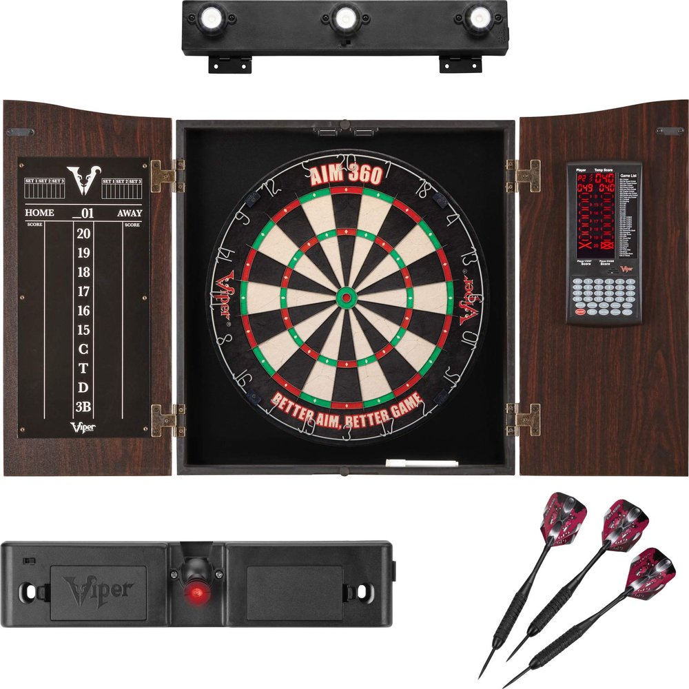 Deluxe Viper Dartboard Bundle with Cabinet, Integrated Pro Score, AIM 360 Sisal Dartboard, Dart Laser Line, Black Mariah Steel Tip Darts