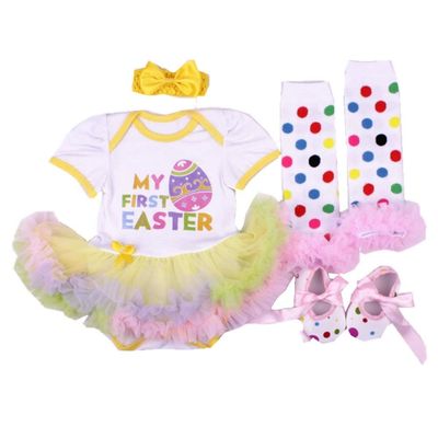Baby Girls 4PCs Sets My 1st Easter Tutu Romper Dress Leggings Shoe Headband Outfit (White, XL)