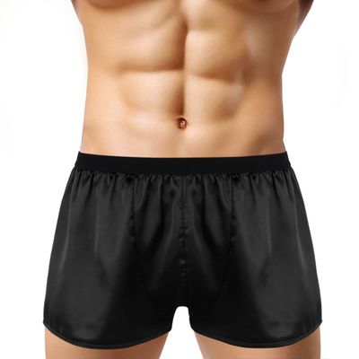 YOOJIA Men's Soft Silk Satin Boxer Briefs Underwear Beach Swim Trunks Lingerie Shorts Pajamas Underpants Black Large
