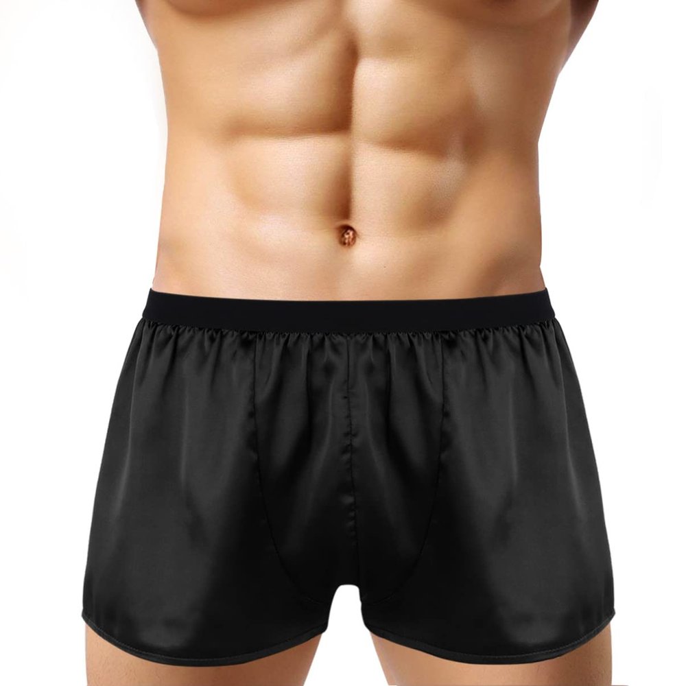 YOOJIA Men's Soft Silk Satin Boxer Briefs Underwear Beach Swim Trunks Lingerie Shorts Pajamas Underpants Black Large