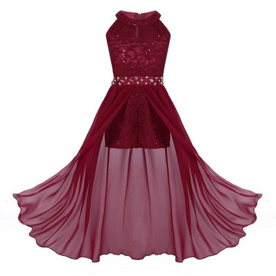 Alvivi Big Girls Halter-Neck Floral Lace Junior Bridesmaid Romper Dress Wedding Party Ball Prom Evening Long Gowns Burgundy 14