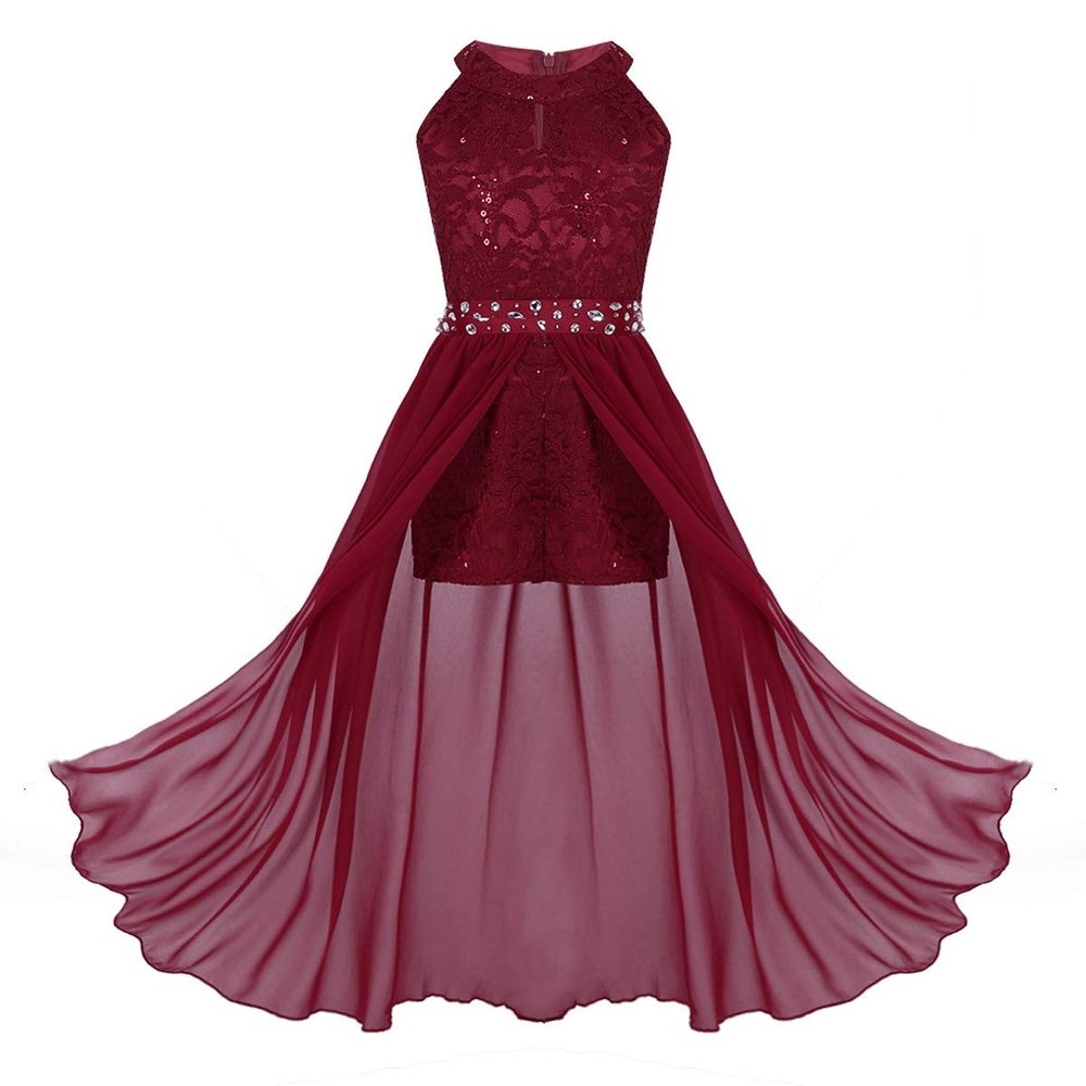 Alvivi Big Girls Halter-Neck Floral Lace Junior Bridesmaid Romper Dress Wedding Party Ball Prom Evening Long Gowns Burgundy 14