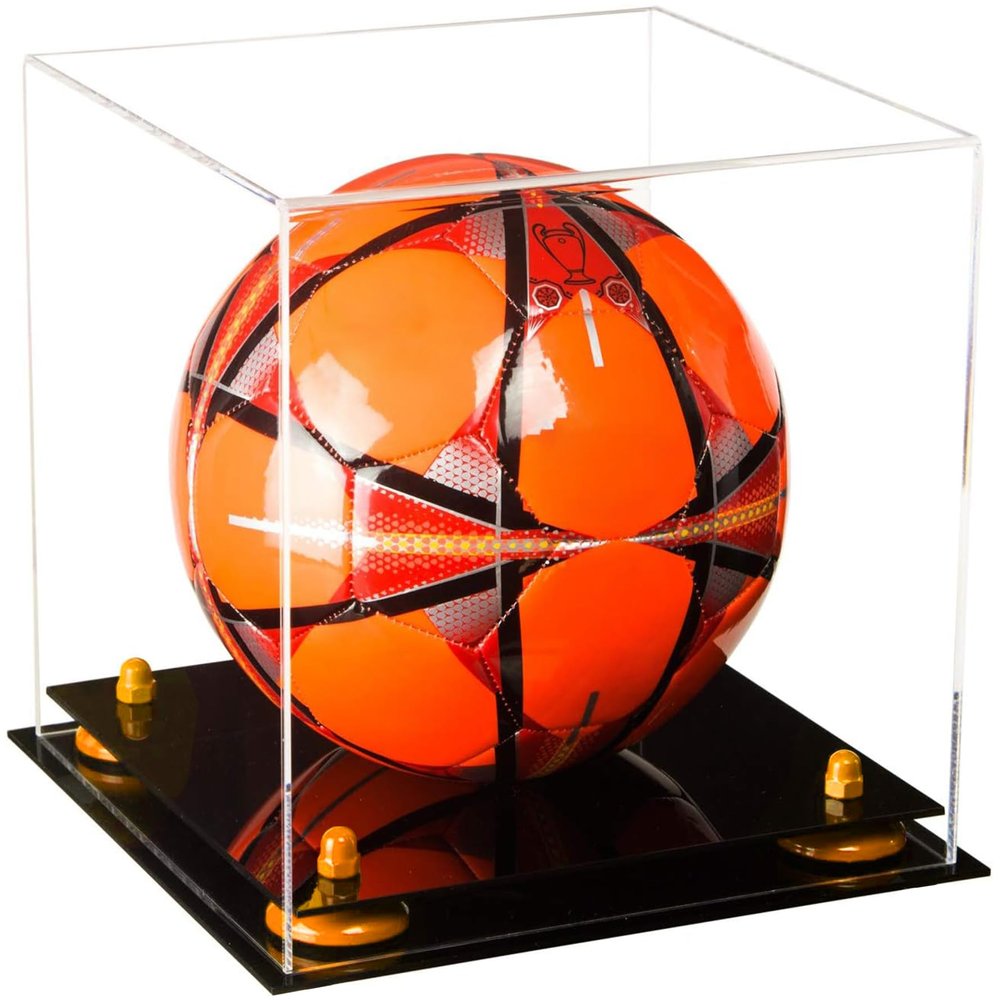 Better Display Cases Acrylic Display Case for Collectibles, Full Size Soccer Ball Display Case, Orange Risers & Black Base, Handcrafted Showcase Box.DIM;9.75" L x 9.75" W x 9.75" H.(A027-OR)