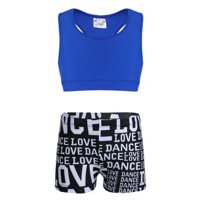 inlzdz Kids Girls 2pcs Athletic Outfits Crop Top with Booty Shorts Gymnastics Dancing Leotard Swimsuit Blue&Black 10-12 Years