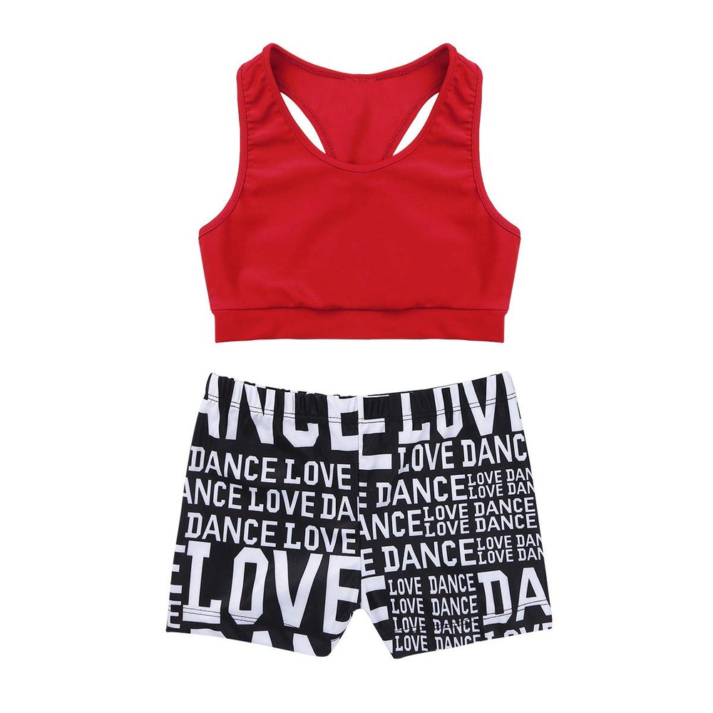 Alvivi Kids Girls Sports Dance Crop Top with Booty Shorts Outfit Costumes Gymnastics Leotard Dancing Racer Back Red 3-4