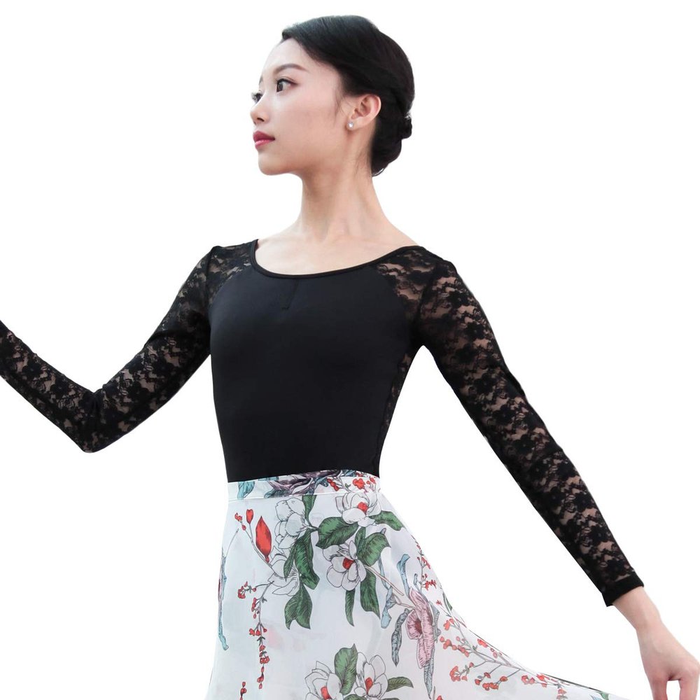 118141010 White Lace Long Sleeve Ballet Leotards Girls Adult Leotard (M 165, Black)