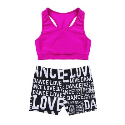 Alvivi Kids Girls Sports Dance Crop Top with Booty Shorts Outfit Costumes Gymnastics Leotard Dancing Rose&Black 3-4