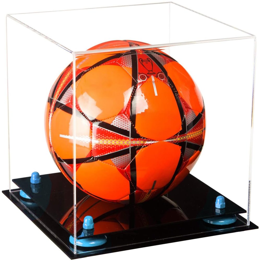 Better Display Cases Acrylic Display Case for Collectibles, Full Size Soccer Ball Display Case, Blue Risers & Black Base, Handcrafted Showcase Box.DIM;9.75" L x 9.75" W x 9.75" H. (A027-BLR)