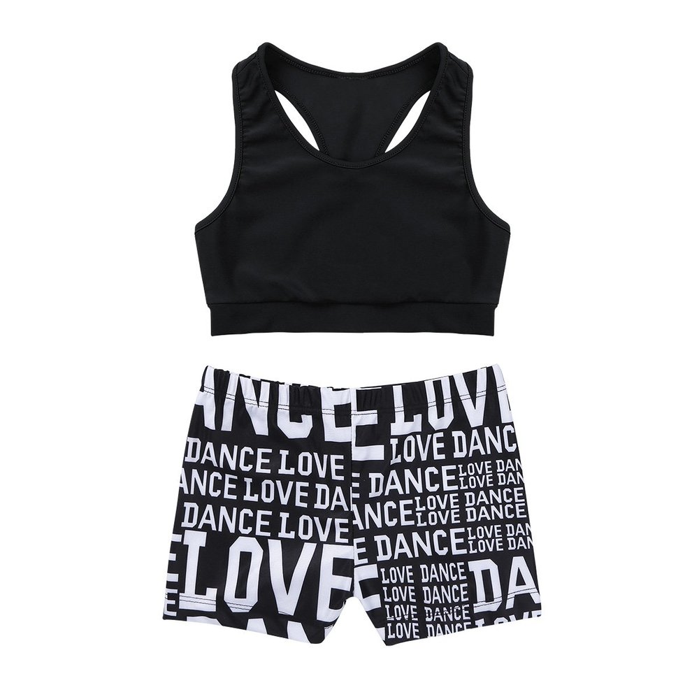 Alvivi Kids Girls Sports Dance Crop Top with Booty Shorts Outfit Costumes Gymnastics Leotard Dancing Racer Back Black 3-4