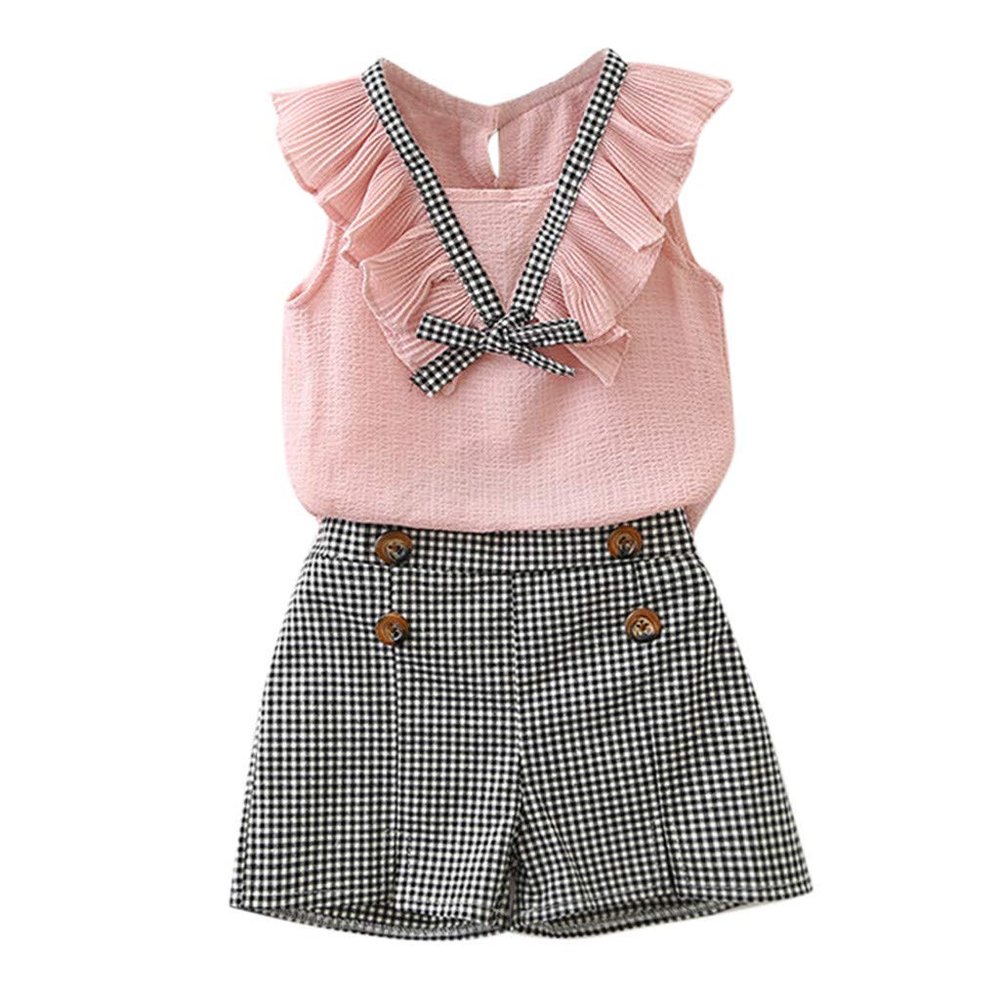Moonker Baby Toddler Girls Spring Spring Clothes Outfits 2-7 Years Old Kid Sleeveless Bowknot Vest Plaid Shorts Pants Set (2-3 Years Old, Pink)