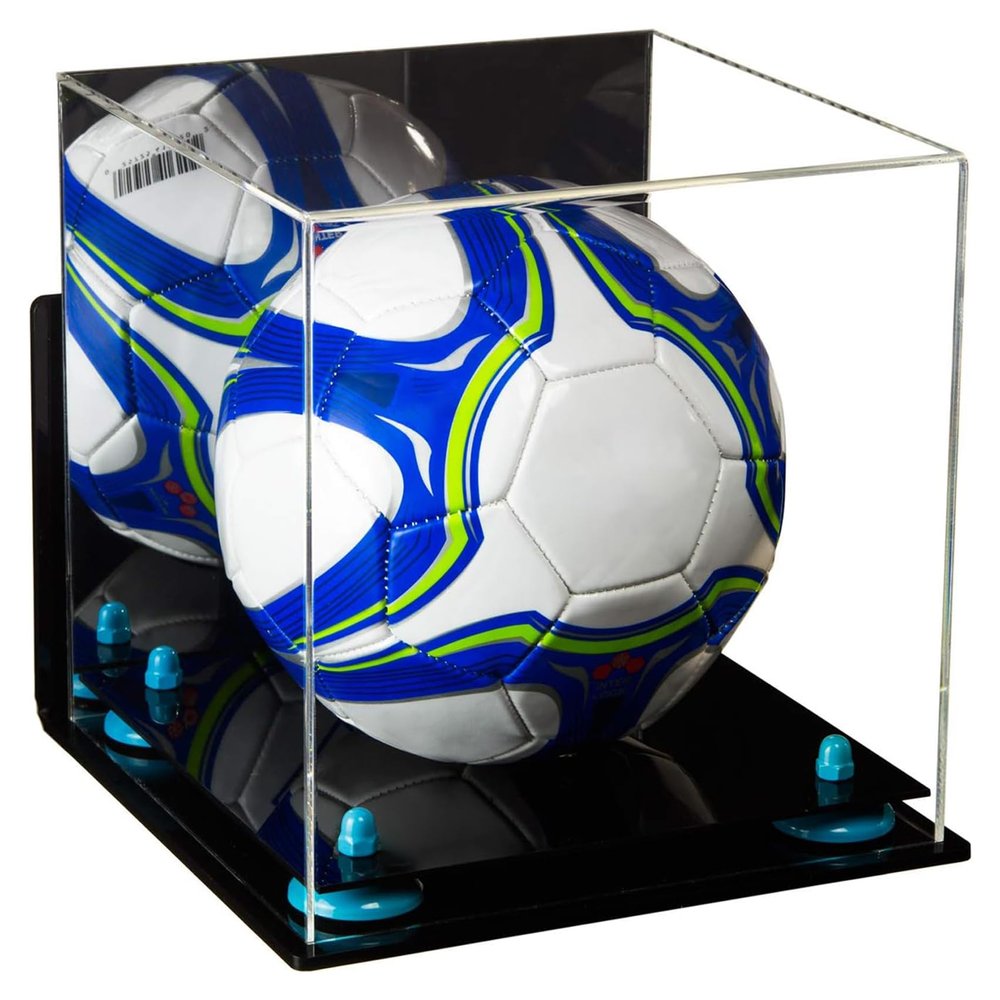 Better Display Cases Acrylic Display Case for Collectibles, Full Size Soccer Ball Display Case, Blue Risers & Black Base, Handcrafted Showcase Box.DIM;9.75" L x 9.75" W x 9.75" H. (A027-BLR)