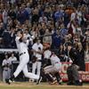 Derek Jeter Final Game Winning Hit At Yankee Stadium 8x10 Photo Swinging Last Hit At Bat view 1