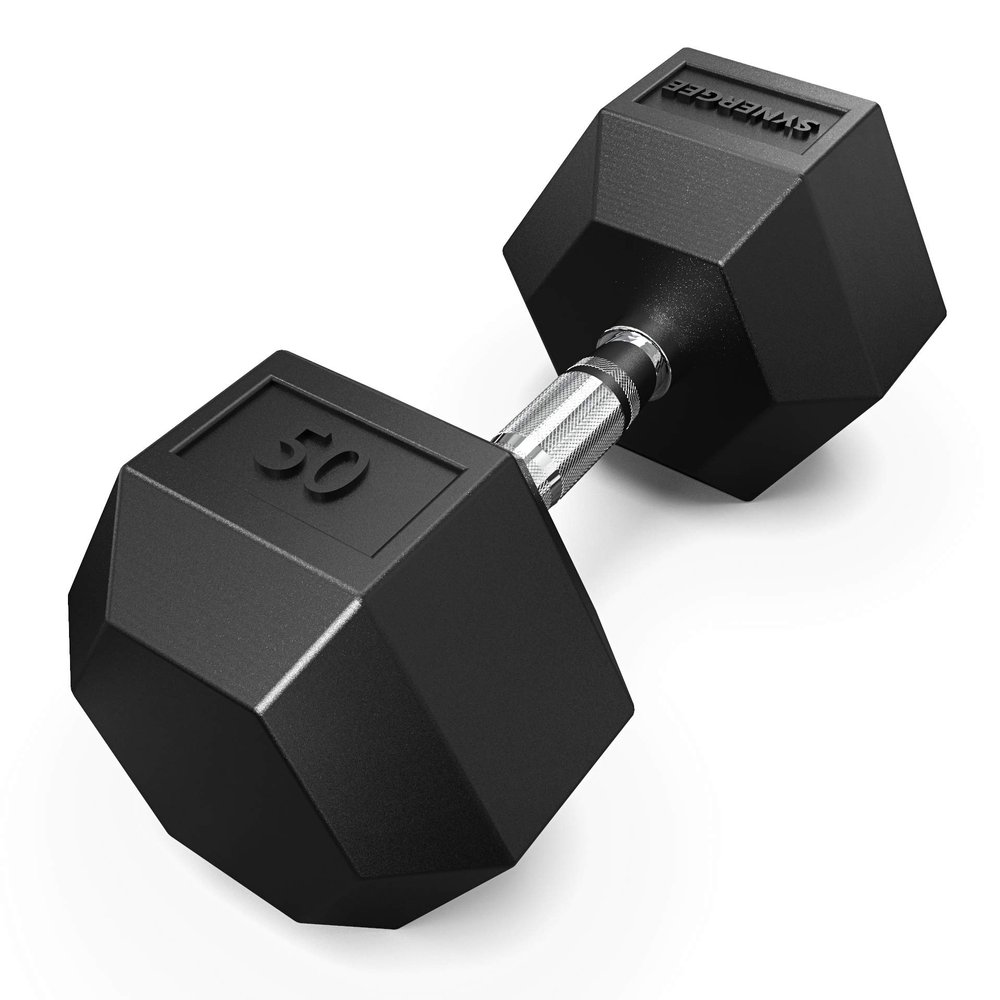 Synergee 50 LB Rubber Encased Hex Dumbbells with Chrome Handle. Sold Individually All Purpose Weights for Strength & Conditioning Training.