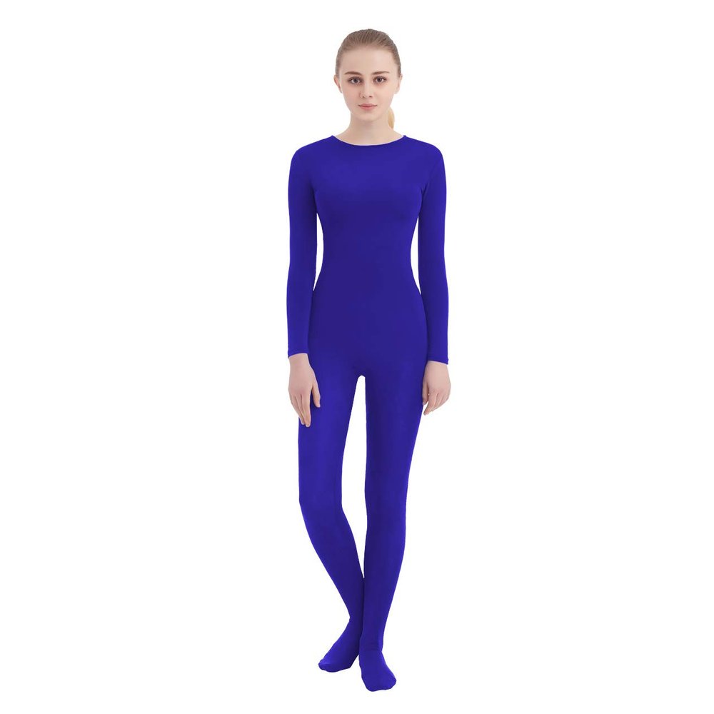 SUPRNOWA Women's Jumpsuit Crew Neck Full Body Unitard Spandex Footed Long Sleeve Bodysuit Unisex Zipper Back (Small, Royal Blue New (Footed))