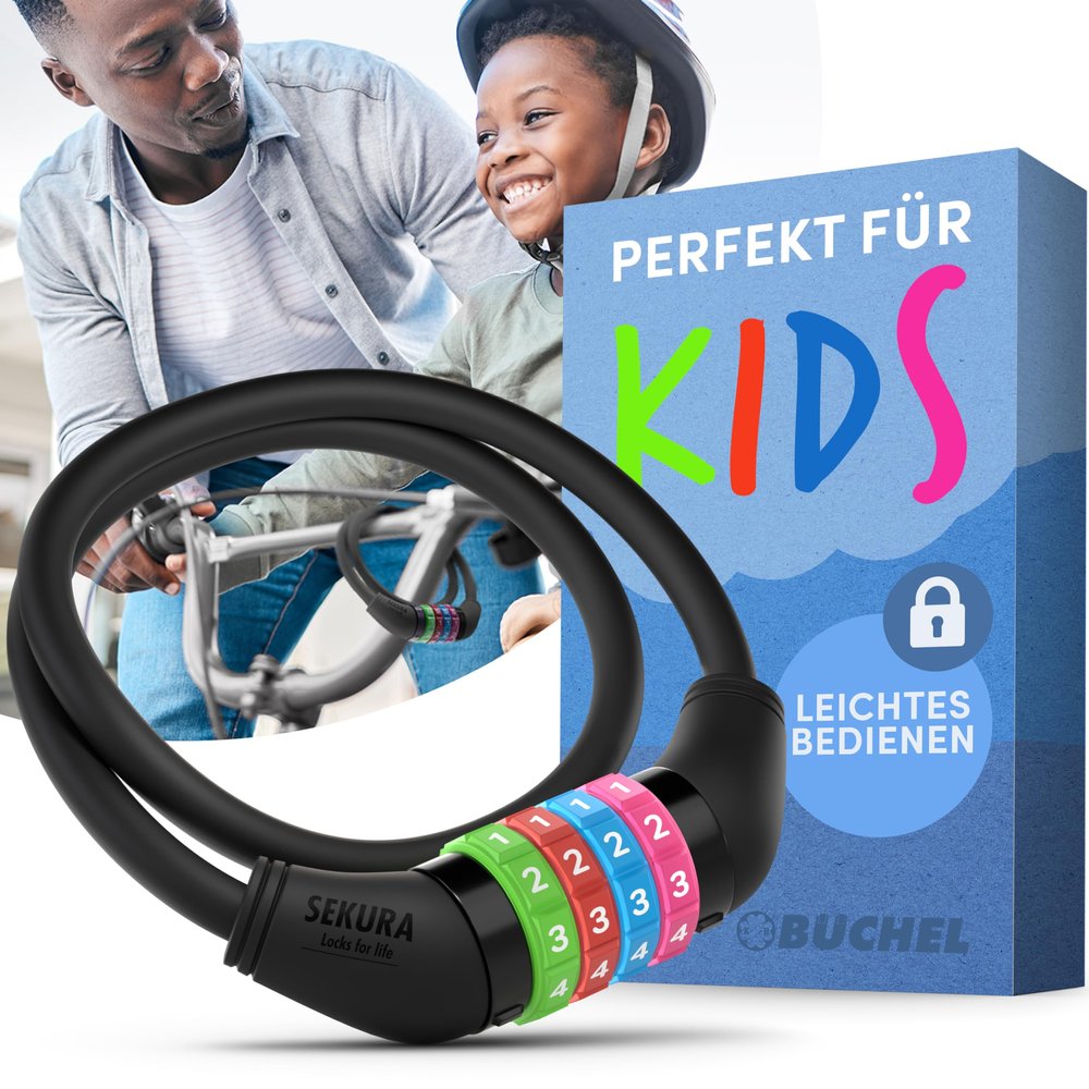 Bchel Sekura 60501209 Unisex Children's Combination Lock 120 cm with Coloured Cover 4 Digits Programmable Black One Size