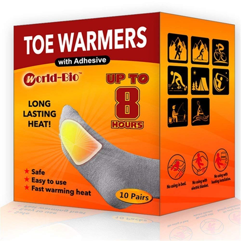WORLD-BIO Toe Warmers with Adheasive - Long Lasting Safe Natural Odorless Air Activated Warmers - Up to 8 Hours of Heat - 10 Pairs