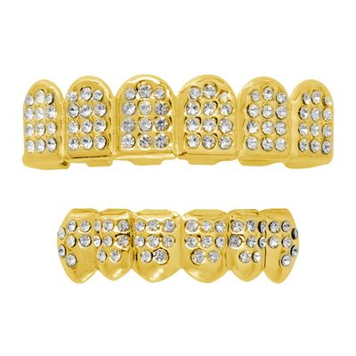 24K Gold Plated Grillz Caps Top & Bottom Set for New Custom Fit Hip Hop Style + 2 Extra Molding Bars