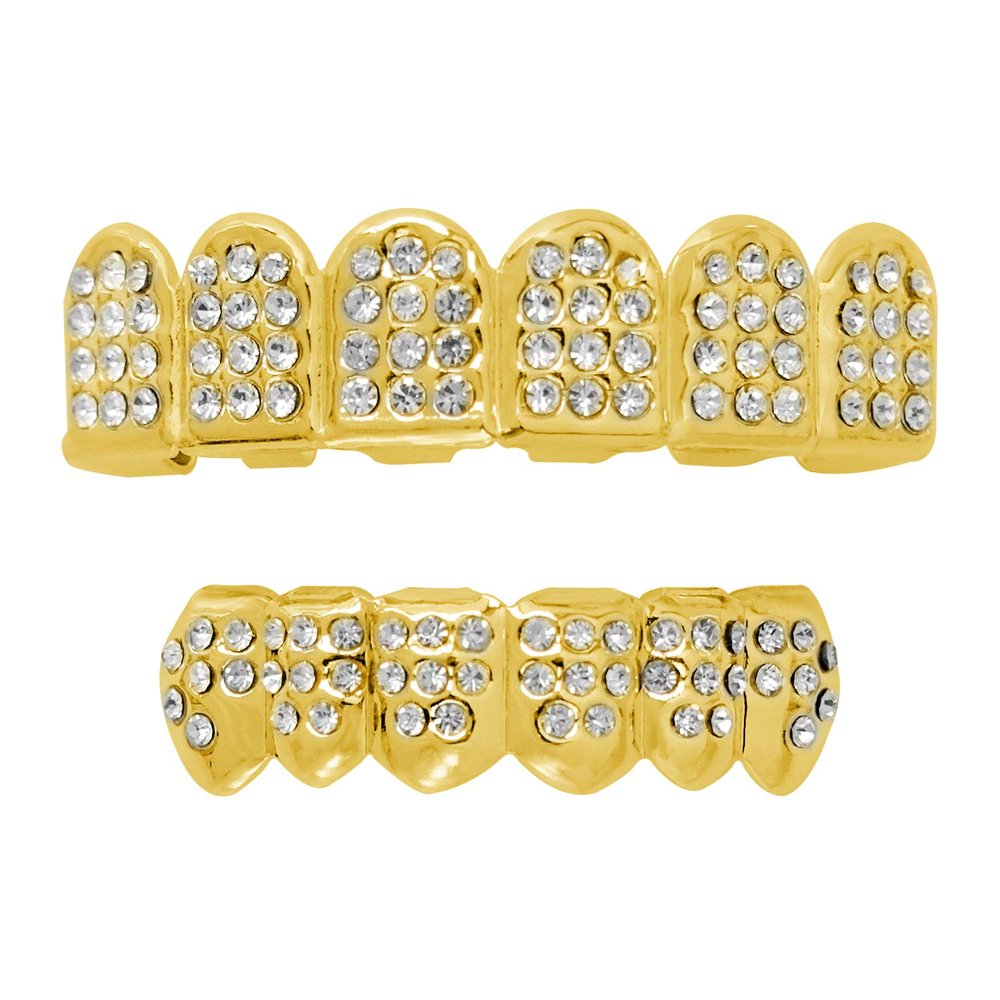 24K Gold Plated Grillz Caps Top & Bottom Set for New Custom Fit Hip Hop Style + 2 Extra Molding Bars