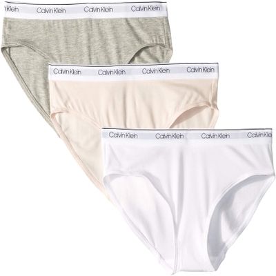 Calvin Klein Girl's 3-Pack Bikini (Little Kids/Big Kids) Crystal Pink/White/Heather Grey MD (7-8 Big Kid)