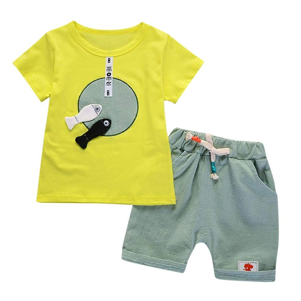 Baby Toddler Boys Summer Clothes Outfits 1-4 Years Old Kids Short Sleeve Cartoon T Shirt Tee and Shorts Pants Set (12-18 Months, Yellow)