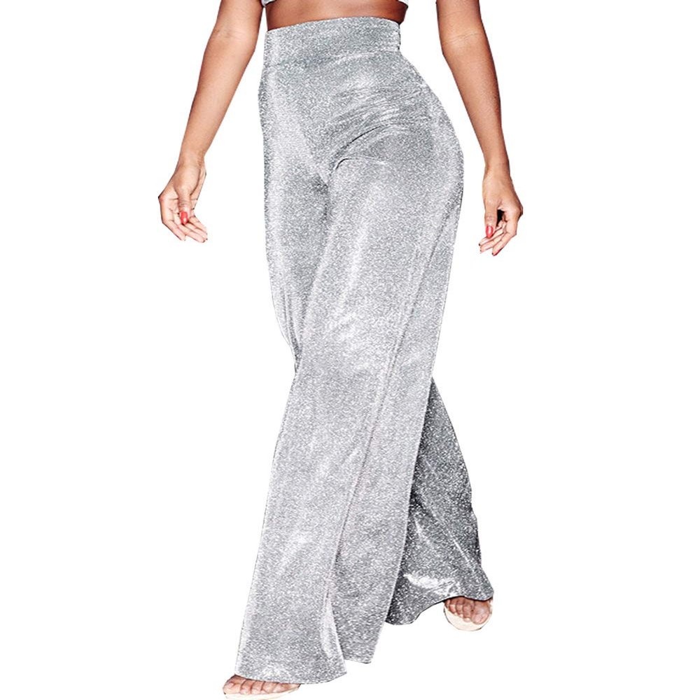 Yollmart Women's Glitter Silver High Waisted Bell Bottom Flared Pants Wide Leg Trousers-Silverwhite-S