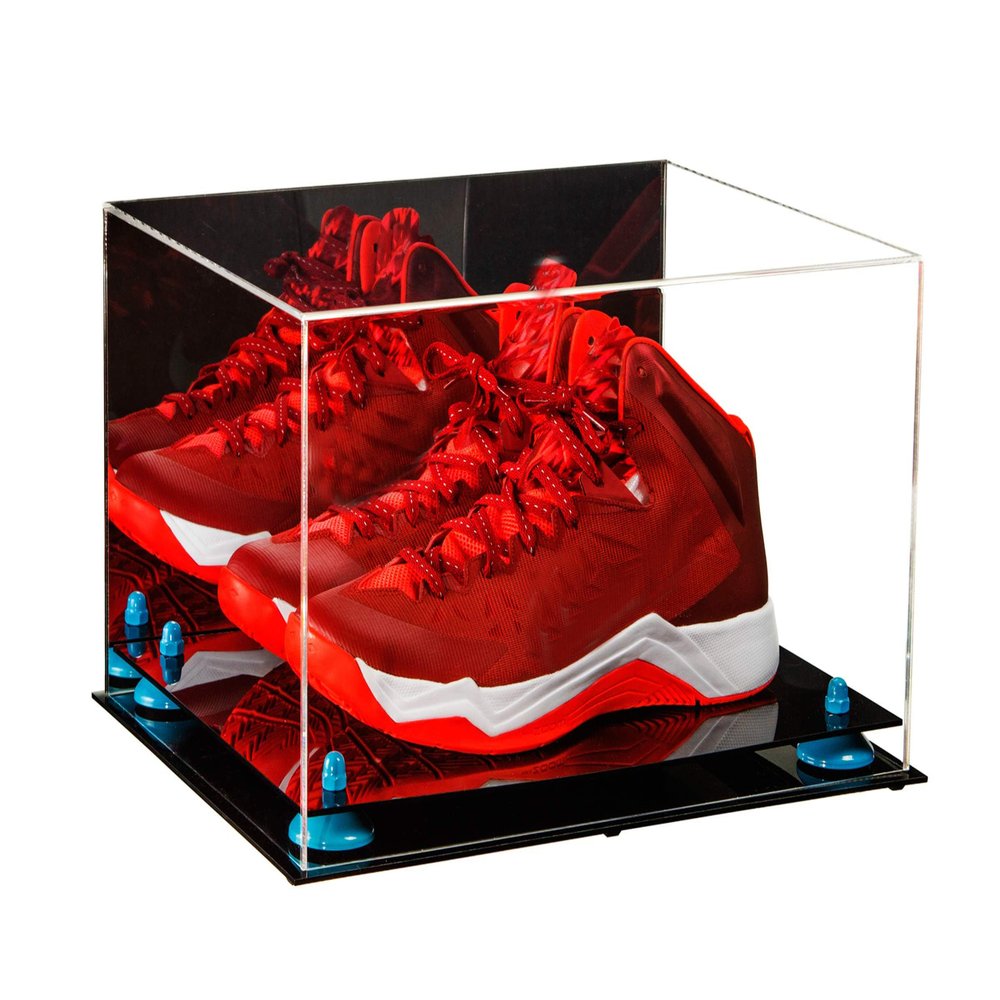 Better Display Cases Acrylic Basketball Shoe Pair Display Case with Light Blue Risers and Mirror (A082-BLR)