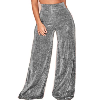 Yollmart Women's Glitter Silver High Waisted Bell Bottom Flared Pants Wide Leg Trousers-Silverlight-M