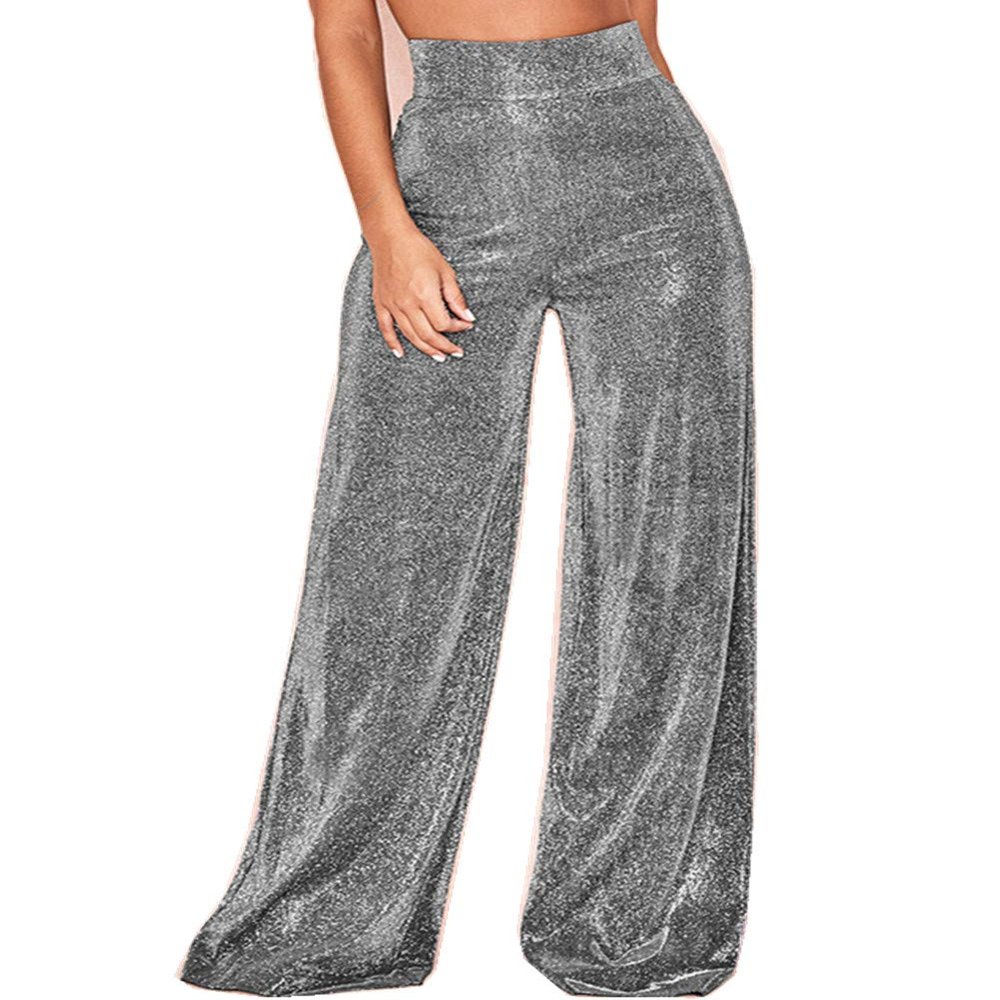Yollmart Women's Glitter Silver High Waisted Bell Bottom Flared Pants Wide Leg Trousers-Silverlight-M