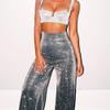 Yollmart Women's Glitter Silver High Waisted Bell Bottom Flared Pants Wide Leg Trousers-Silverlight-M view 2