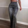 Yollmart Women's Glitter Silver High Waisted Bell Bottom Flared Pants Wide Leg Trousers-Silverlight-M view 4