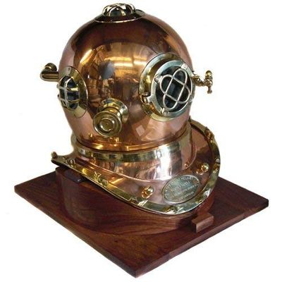 Maxnauticalmart Full-Size Replica US Navy Mark V Copper Finishing Diving Helmet Wood Base