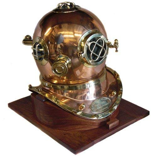 Maxnauticalmart Full-Size Replica US Navy Mark V Copper Finishing Diving Helmet Wood Base