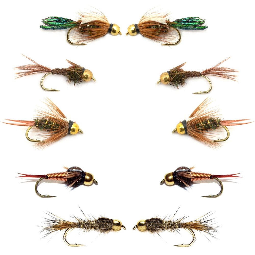 The Fly Fishing Place Basics Collection - Bead Head Nymph Assortment - 10 Wet Flies - 5 Patterns - Hook Sizes 12, 14, 16