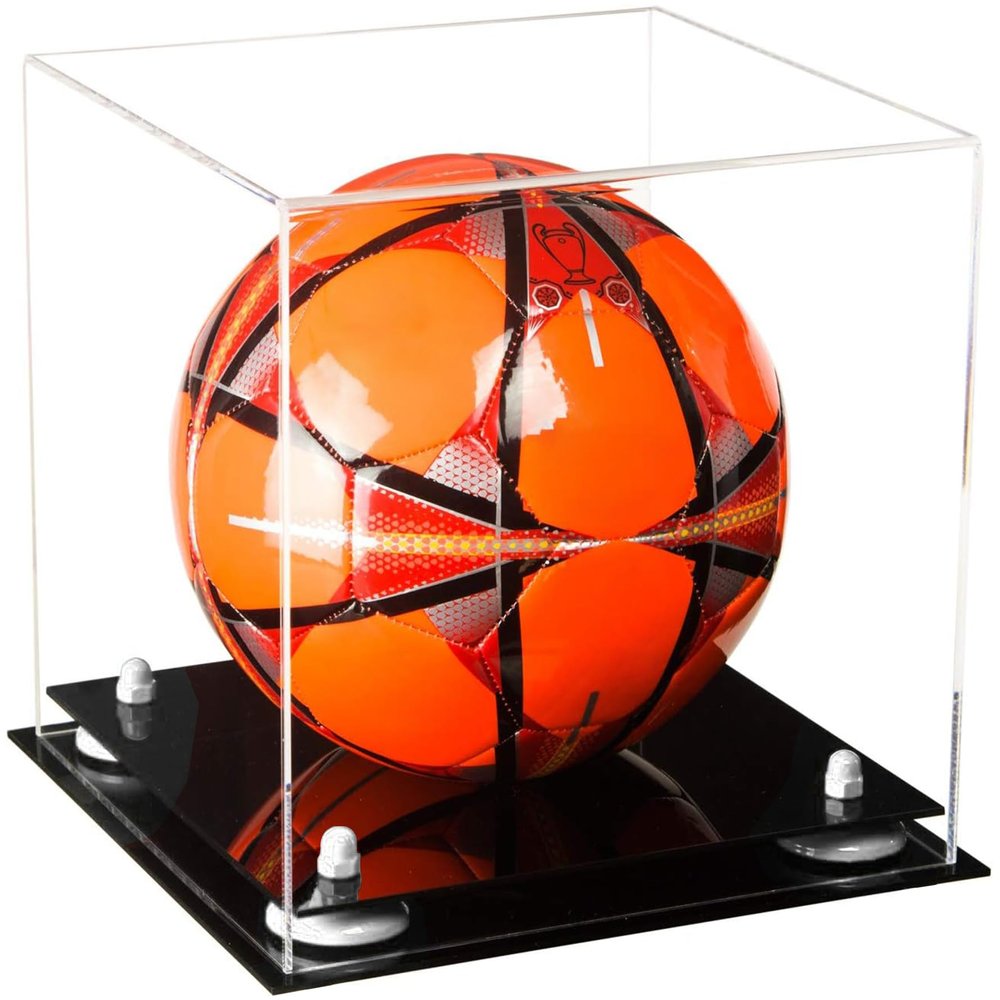Better Display Cases Acrylic Display Case for Collectibles, Full Size Soccer Ball Display Case, White Risers & Black Base, Handcrafted Showcase Box.DIM;9.75" L x 9.75" W x 9.75" H. (A027-WR)