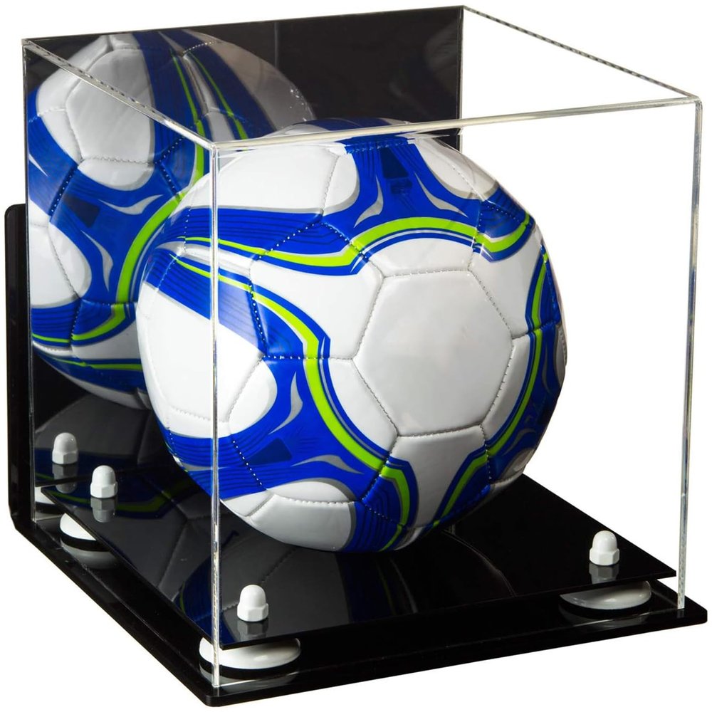 Better Display Cases Acrylic Display Case for Collectibles, Full Size Soccer Ball Display Case, White Risers & Black Base,WM, Handcrafted Showcase Box.DIM;9.75" L x 9.75" W x 9.75" H.(A027-WR)