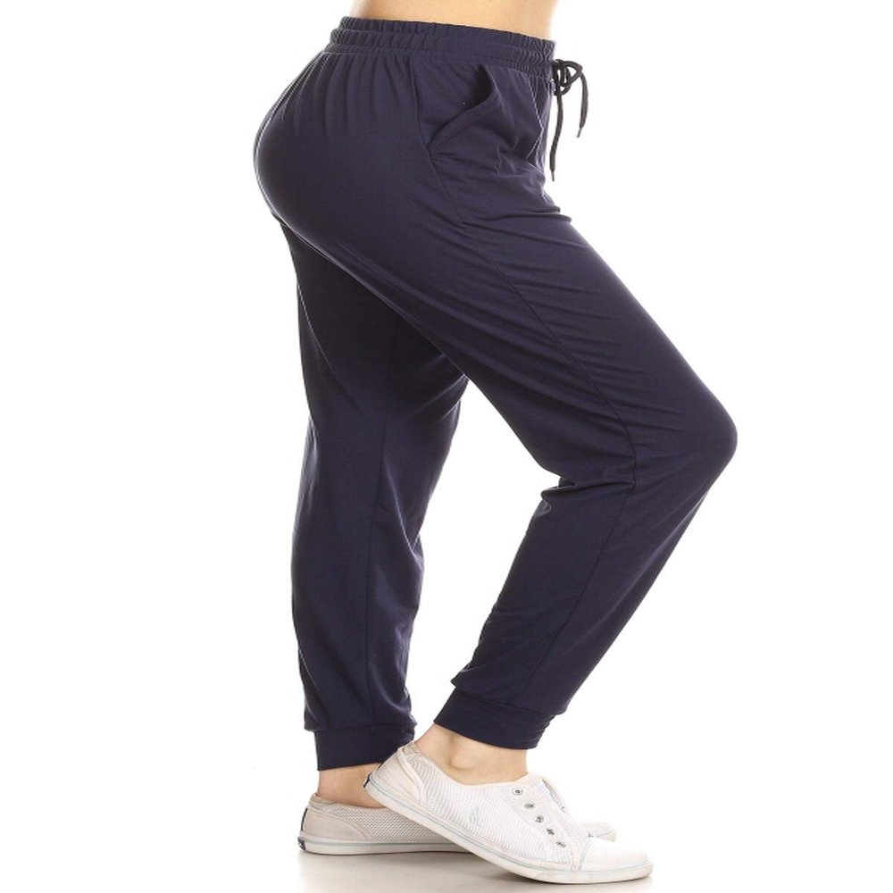 Leggings Depot Womens Relaxed fit Jogger Pants - Track Cuff Sweatpants with Pockets, Navy, 2X