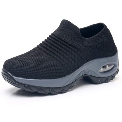 Slow Man Women's Walking Shoes Sock Sneakers - Mesh Slip On Air Cushion Lady Girls Modern Jazz Dance Easy Shoes Platform Loafers Black,11
