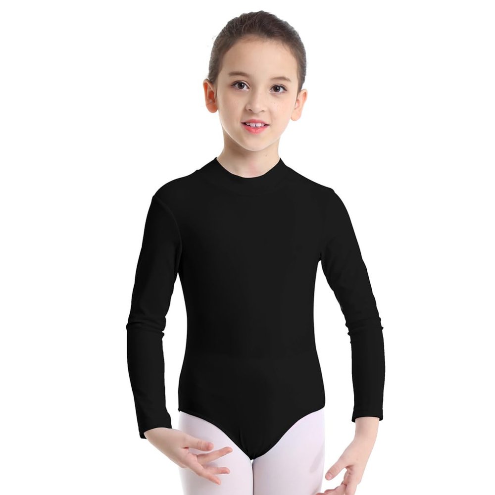 Alvivi Kids Girls Long Sleeve Mock Turtle-neck Ballet Dance Leotard Gymnastics Active Sports Training Crop Tops Black 10-12 Years