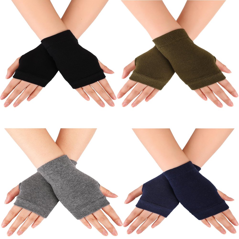 Blulu 4 Pairs Fingerless Gloves with Thumb Hole Cozy Half Fingerless Driving Gloves Knit Mittens for Women Men(Black, Grey, Navy Blue, Army Green)