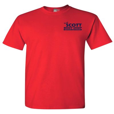 Keith Scott Body Shop TV Both Side Print Adult T-Shirt Tee (Small, Red w/Navy Blue)