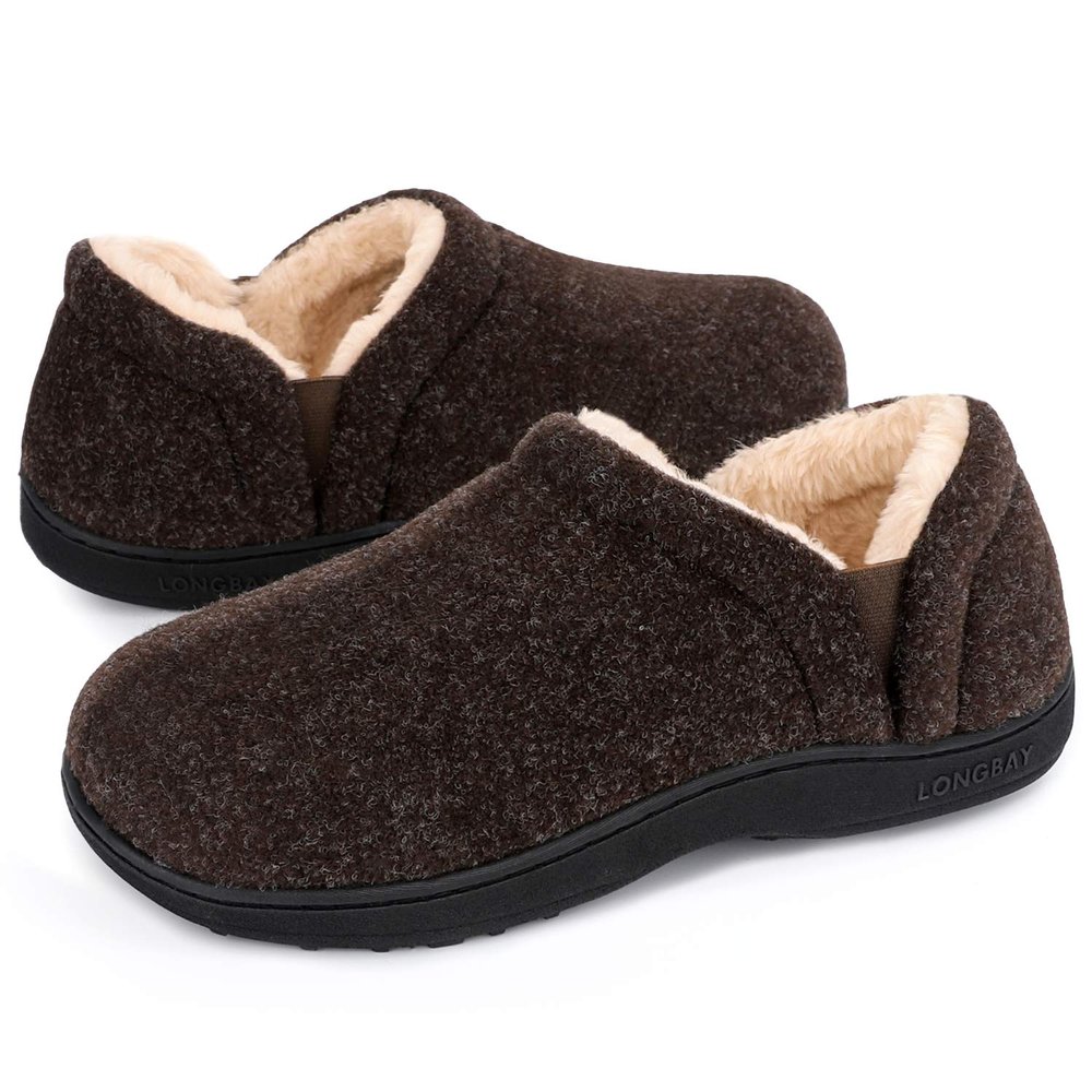 LongBay Men's Slippers Warm Bedroom Memory Foam House Shoes Slip-On for Indoor Outdoor Winter (Coffee, 11-12)